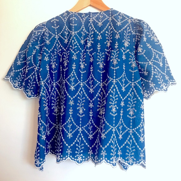 Zara Sz M embroidered blue Scalloped Shirt Top - Picture 8 of 15